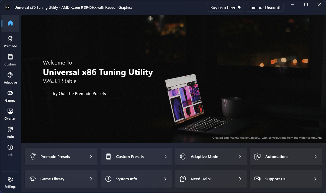 UXTU 26.3.1 home screen with shortcuts to presets, games and system information